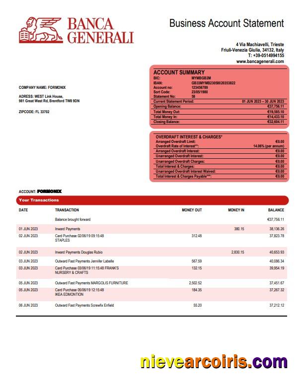 Banca Generali organization checking account statement